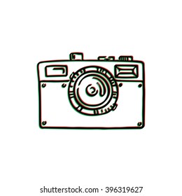 Doodle photo camera. Vector hand draw illustration. Sketch lines. Green-red 3d effect.
