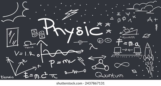 Doodle physics, education school icon. Hand drawn sketch style doodle physics background. School physics education. Hand drawn line vector illustration.