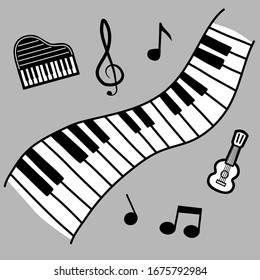 Teclado de piano de perro rodeado de algunas notas, piano pequeño y ukulele. Ilustración vectorial sobre música, hobby, educación. Tamaño cuadrado.