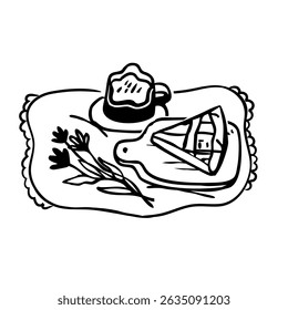 Doodle picnic composition with coffee, bakery, flowers. Morning breakfast concept.  Hand drawn vector illustration.