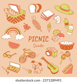 Doodle picnic. Hand drawn vector Illustration doodle with picnic items.