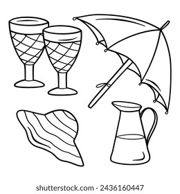Doodle picnic set with umbrella, hat, jug and wine glasses. Hand drawn summer relax elements