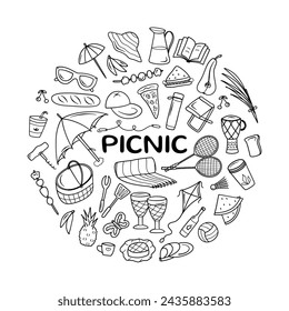 Doodle picnic set. Vector elements of barbecue, relax time, hiking, sport. Round composition
