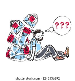 Doodle picture of a desperate young man thinking about loan, debt and bills. Fine for articles, financial institutions and services promo materials.