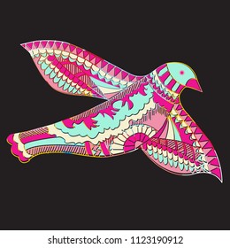 Doodle, picture of flying decorative bird, vector illustration