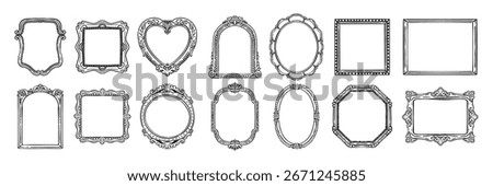Doodle picture frame, hand drawn line vintage border, classic gallery empty decor vector baroque art. Ornamental decoration design elements, round, heart, oval shapes, swirl arch. Picture frame icon