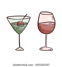 Doodle picture of a glass of wine or juice and a glass of alcoholic cocktail. Design element