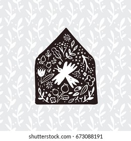 A doodle picture of a house decorated with a pattern of flowers, berries, plants and a bird. Symbol of home.
