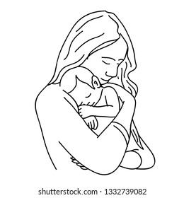 a doodle picture with a line art theme about mother's love for her child in the form of a warm hug