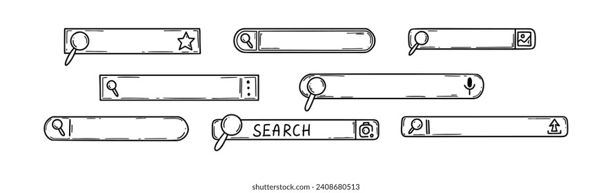 Doodle picture, photo, voice search bar set. Hand drawn internet information find. Website browser box sketch. Magnifying glass button. Computer interface. Bookmark symbol 