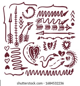 doodle picture set of elements arrows and hearts of various shapes, hand drawn digital vector illustration