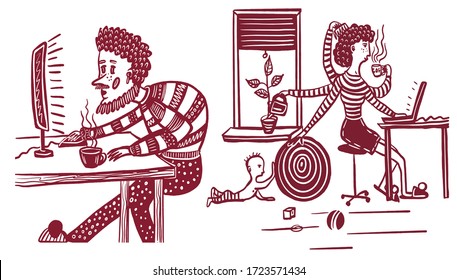 doodle picture set of elements, man, woman and child work and play all together at home during quarantine in self-isolation, comic digital vector illustration
