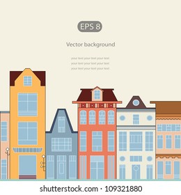 Doodle picture of traditional townhouse on the street for baby card, copybook, frame, gift, banner, border, sign symbol, vintage texture, baby book, home, old style pattern, vector eps 8