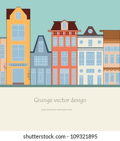 Doodle picture of traditional townhouse on the street for baby card, copybook, frame, gift, banner, border, sign symbol, vintage texture, baby book, home, old style pattern, vector eps 8