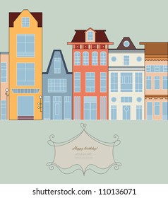 Doodle picture of traditional townhouse on the street for baby card, copybook, frame, gift, banner, border, sign symbol, vintage texture, baby book, home, old style pattern, vector eps 8