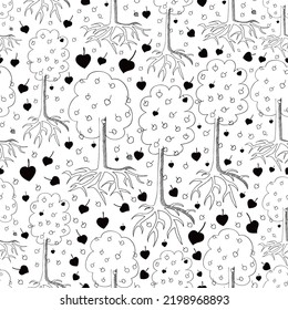 Doodle picture with trees and fallen heart shape leaf's. Roots. Children hand drawn art. Seamless background. Textile, print, wrapping paper or fabric pattern.