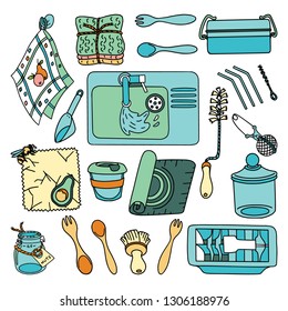 Doodle picture with zero-waste and plastic-free items for kitchen, coocking and lunch. Sustainable household. 