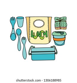 Doodle picture with zero-waste and plastic-free items for kitchen, coocking and lunch. Sustainable household. 