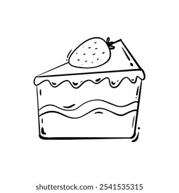 Doodle pie cake with strawberry topping hand drawn outline  vector illustration. Black line on a white background
