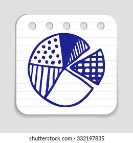 Doodle Pie Chart icon. Blue pen hand drawn infographic symbol on a notepaper piece. Line art style graphic design element. Web button with shadow. Sales, income, statistics,   research concept. 