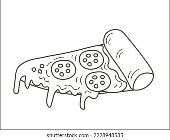 Doodle piece of pizza food. Hand drawn black and white slice of pizza for delivery, menu, restaurant in cartoon naive style