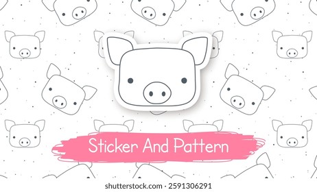 Doodle Pig Cartoon Character, Hand Drawn Kids Animal Style, Seamless Pattern, Sticker With Shadow. Vector eps 10.