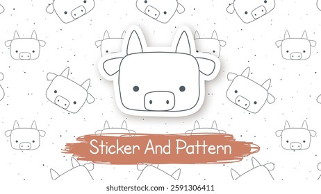 Doodle Pig Cartoon Character, Hand Drawn Kids Animal Style, Seamless Pattern, Sticker With Shadow. Vector eps 10.