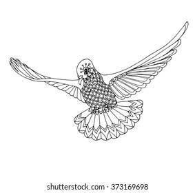  Doodle pigeon, flying dove, appearance of pneuma, zentangle vector design for colouring book