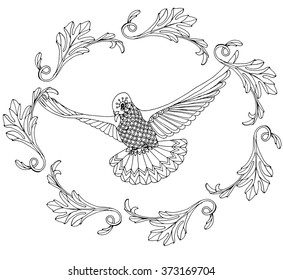  Doodle pigeon, flying dove with wreath, appearance of pneuma, zentangle vector design for colouring book
