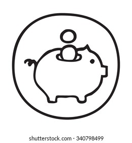 Doodle Piggy Bank Icon. BInfographic Symbol In A Circle. Line Art Style Graphic Design Element. Web Button. Savings, Investment, Falling Coins, Money Concept. 