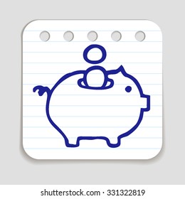 Doodle Piggy Bank icon. Blue pen hand drawn infographic symbol on a notepaper piece. Line art style graphic design element. Web button with shadow. Savings, investment, falling coins, money concept. 
