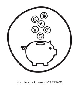 Doodle Piggy Bank icon. Blue pen hand drawn infographic symbol on a notepaper piece. Line art style graphic design element. Web button with shadow. Savings, investment, falling coins, money concept. 