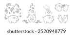 Doodle piggy bank. Money saving or accumulation, savings pig with falling dollar bills and coins. Happy wealthy and sad broken piggy banks hand drawn vector illustrations set.