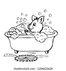 Doodle piggy taking a bath and plays with bubbles soap