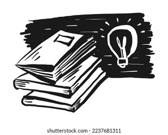 Doodle Pile of books and bulb idea. Hand drawn style. isolated on white background. vector illustration