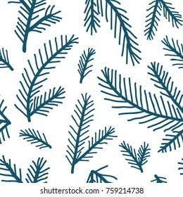 Doodle pine branches hand drawn seamless pattern. Christmas tree branches on white. Winter simple minimalistic vector illustration for christmas greeting cards, backgrounds and holiday decor