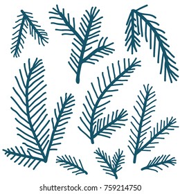 Doodle pine branches hand drawn set. Christmas tree branches on white. Winter simple minimalistic vector illustration for christmas greeting cards, backgrounds and holiday decor