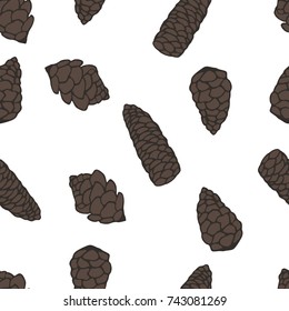 Doodle pine cones seamless pattern. Botanical hand drawn vector background. Isolated xmas pinecones. Perfect for greeting cards, backgrounds and holiday decor