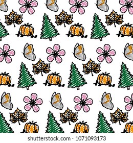 doodle pine tree with flower and pumpkin background