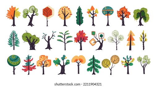Doodle pine tree, scandinavian autumn hand drawn elements. Fall nature forest, green woodland print, exact color wood acorn. Botanical colorful objects, isolated nature. Vector symbol icons