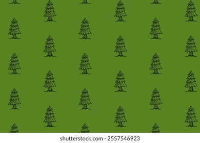 doodle pine tree seamless pattern on green background for christmas and nature decorative, merchandise.  spruce line vector seamless pattern background. seamless pattern of coniferous tree background