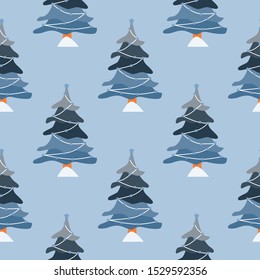 Doodle pine trees background. Christmas winter forest landscape seamless pattern. Naive art style. Design for fabric, textile print, wrapping paper, children textile. Vector illustration
