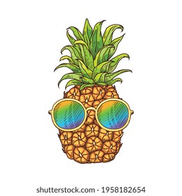 Doodle pineapple or ananas fruit icon in sunglasses, cartoon vector illustration isolated on white background. Summer beach leisure and vacation sign or symbol.