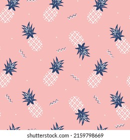 Doodle Pineapple Fruit seamless pattern in Memphis style. Hand drawn of a Pineapple on pink background. Tropical fruit. design for background, wallpaper, clothing, wrapping, fabric