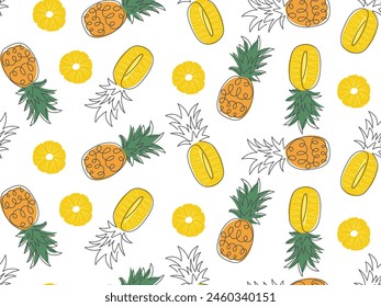 Doodle Pineapple seamless pattern. Exotic fruit outline drawn. Summer funny background. Pattern with ananas for cover, wallpaper, packaging. Ingridient for limonade, cocktail, dessert