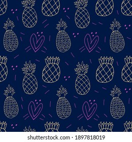 Doodle Pineapple seamless pattern. hand drawn  of a Pineapple background. Tropical fruit Vector illustration