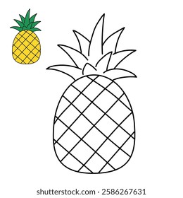 Doodle pineapple summer fruit isolated on white background vector. Pineapple summer fruit coloring page for kids. Trace and color pineapple.