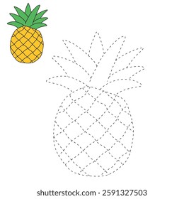 Doodle pineapple summer fruit isolated on white background vector. Pineapple summer fruit coloring page for kids. Trace and color pineapple.