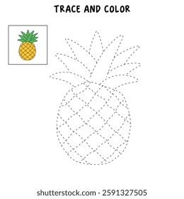 Doodle pineapple summer fruit isolated on white background vector. Pineapple summer fruit coloring page for kids. Trace and color pineapple.