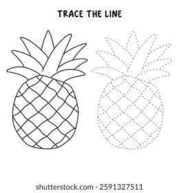 Doodle pineapple summer fruit isolated on white background vector. Pineapple summer fruit coloring page for kids. Trace and color pineapple.